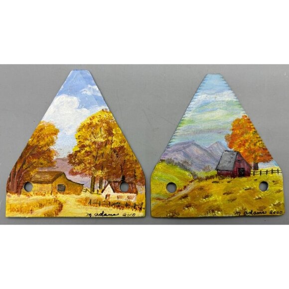 Vtg Hand Painted Metal Sickle Blade Art Set Farm Countryside‎ Mountain M Adams - Picture 1 of 5